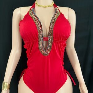 Red Halter Swimsuit with Embroidered Trim